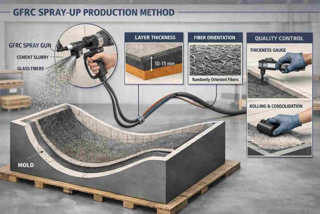 Thin-walled GFRC panel being spray-applied in a factory with quality control inspection
