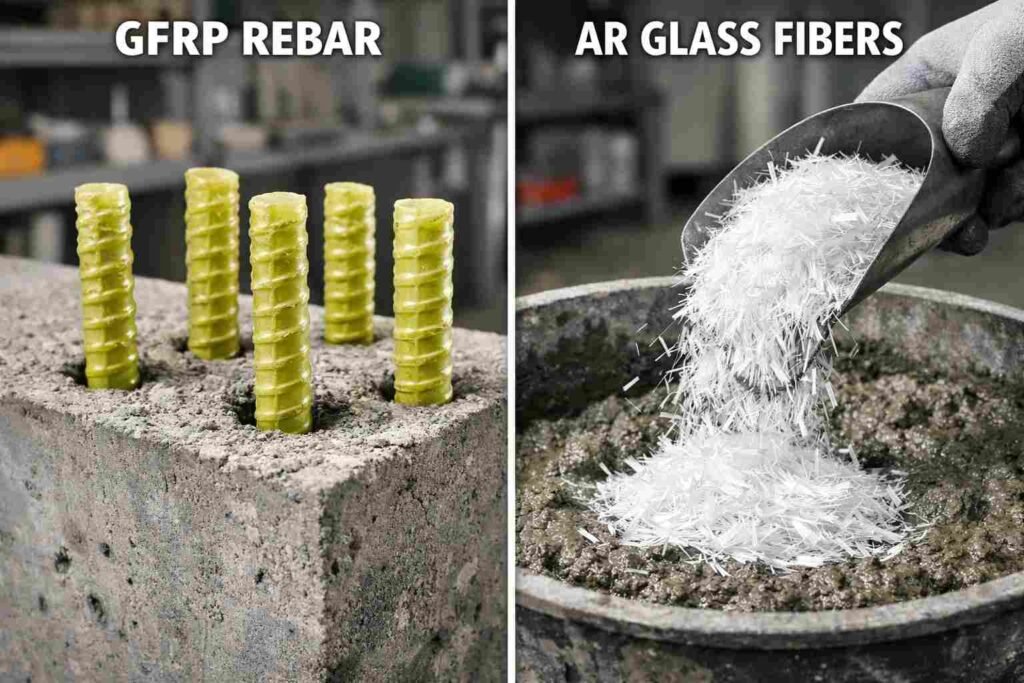 Comparison of GFRP bars and alkali-resistant glass fibers used in concrete reinforcement