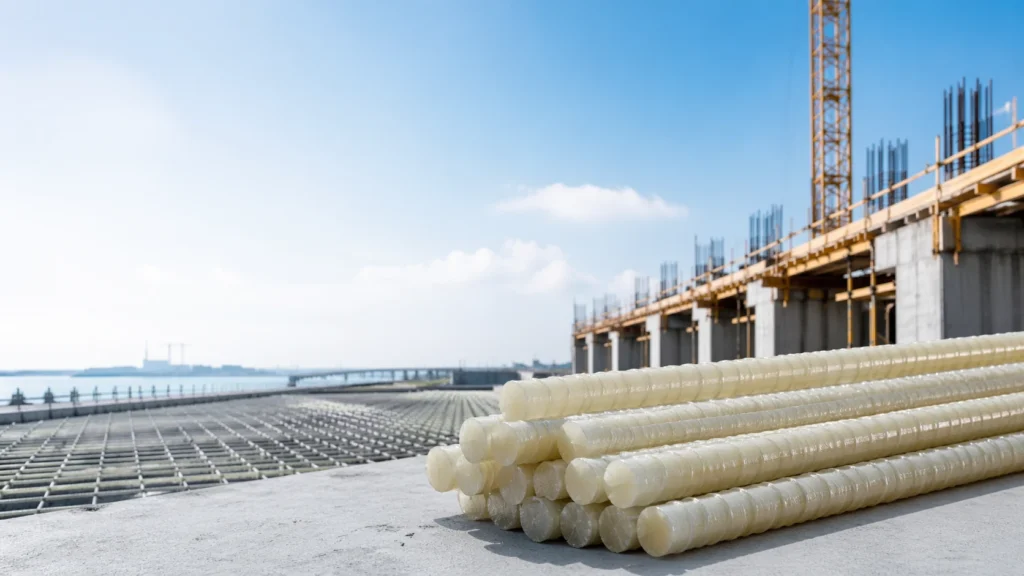 Workers carrying lightweight GFRP reinforcement bars on a construction site