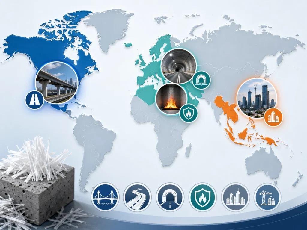 Infographic map showing regional drivers for polypropylene fiber demand across North America, Europe, the Middle East, and Southeast Asia.