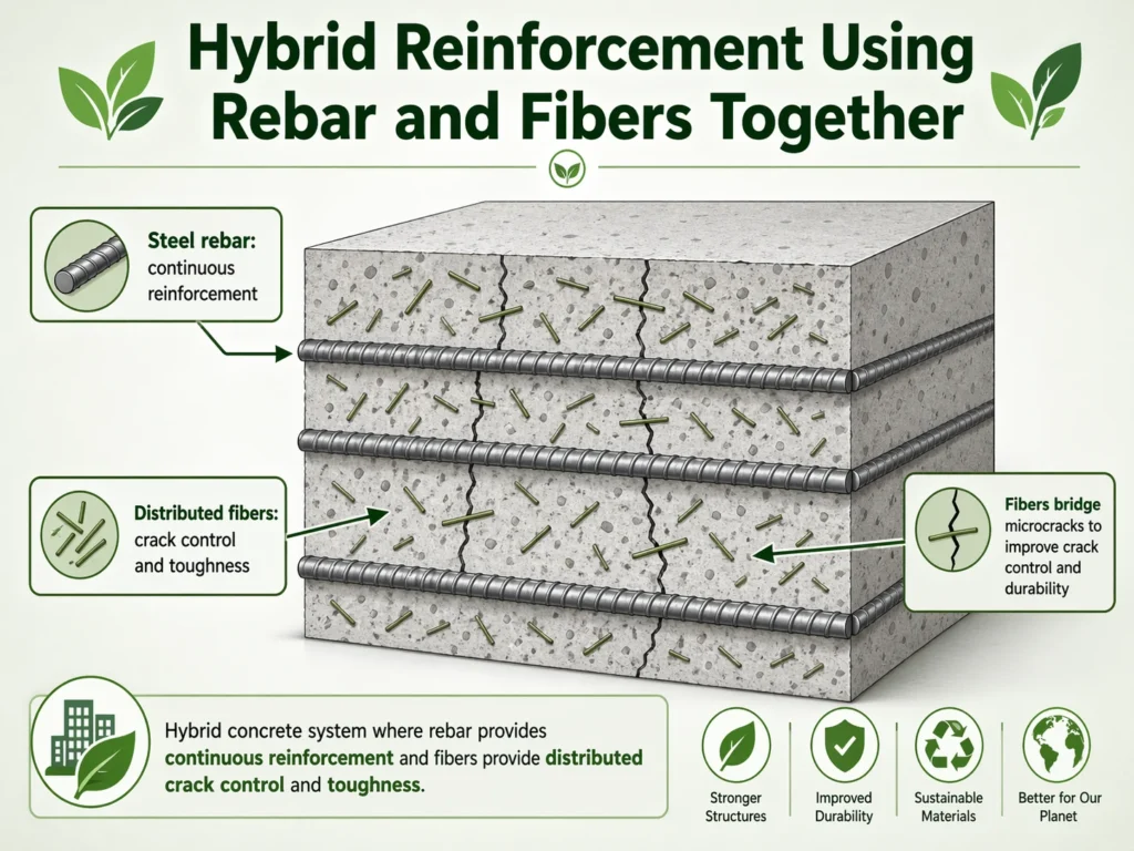 Concrete section showing steel rebar combined with distributed fibers for hybrid reinforcement