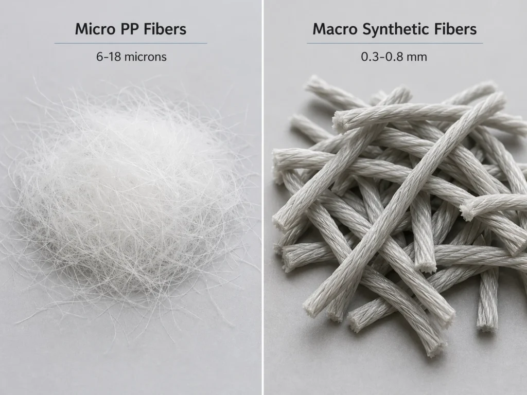 Visual comparison of thin hair-like micro polypropylene fibers and thicker twisted macro synthetic fibers.