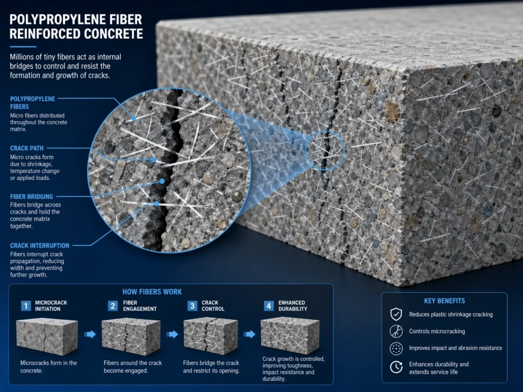 A technical 3D illustration demonstrating how polypropylene fibers act as internal bridges to interrupt and control crack formation in concrete.