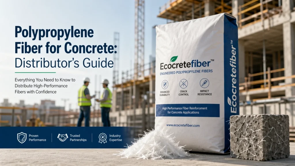 Professional guide cover showing polypropylene fiber packaging and concrete samples at a construction site.