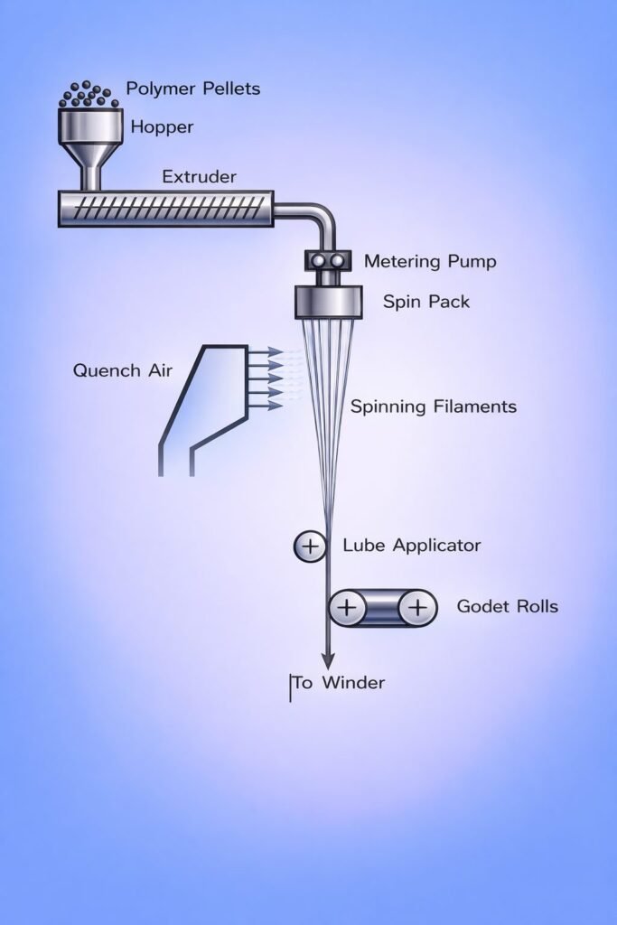diagram of PP monofilament melt spinning and drawing process