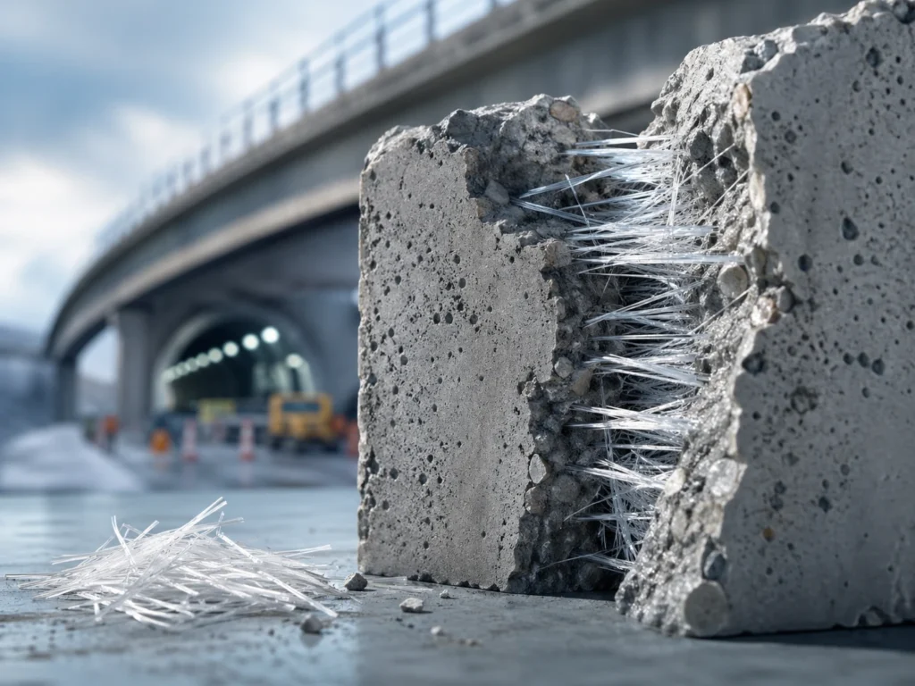 PVA fiber strands bridging cracks in concrete for crack control and engineered cementitious composite applications