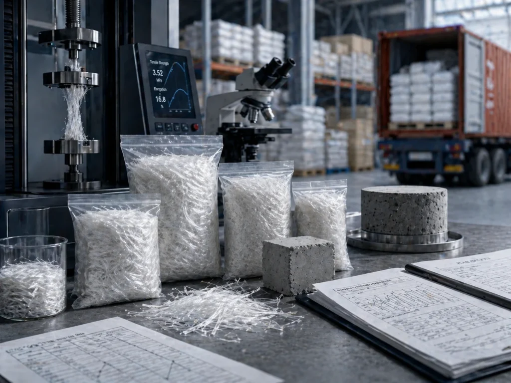 PVA fiber samples with testing equipment, concrete specimens, certificates, and warehouse logistics