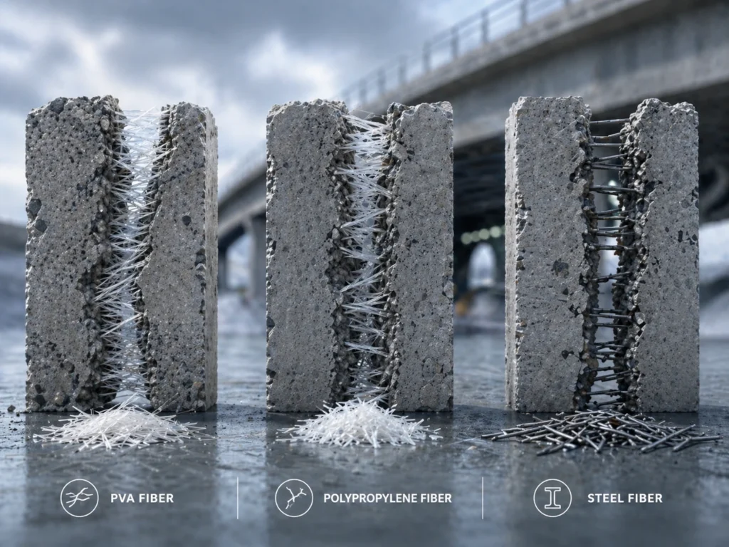 Comparison of PVA fiber, polypropylene fiber, and steel fiber used for concrete reinforcement