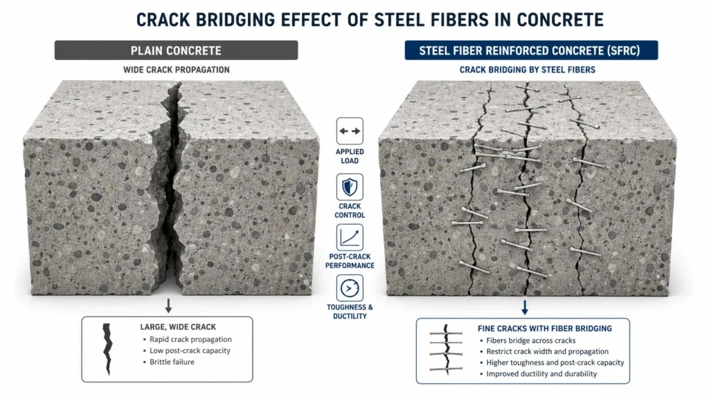 A scientific 3D schematic diagram comparing plain concrete cracking with steel fiber reinforced concrete crack bridging