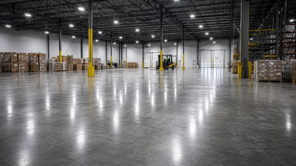 A wide-view photograph of a smooth, polished industrial warehouse floor made of steel fiber reinforced concrete with a forklift in the background