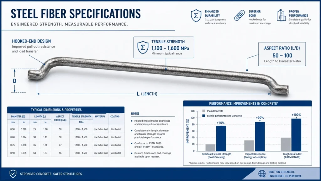 Technical infographic of a hooked-end steel fiber with labels for tensile strength and aspect ratio (L/D) and a performance improvement graph