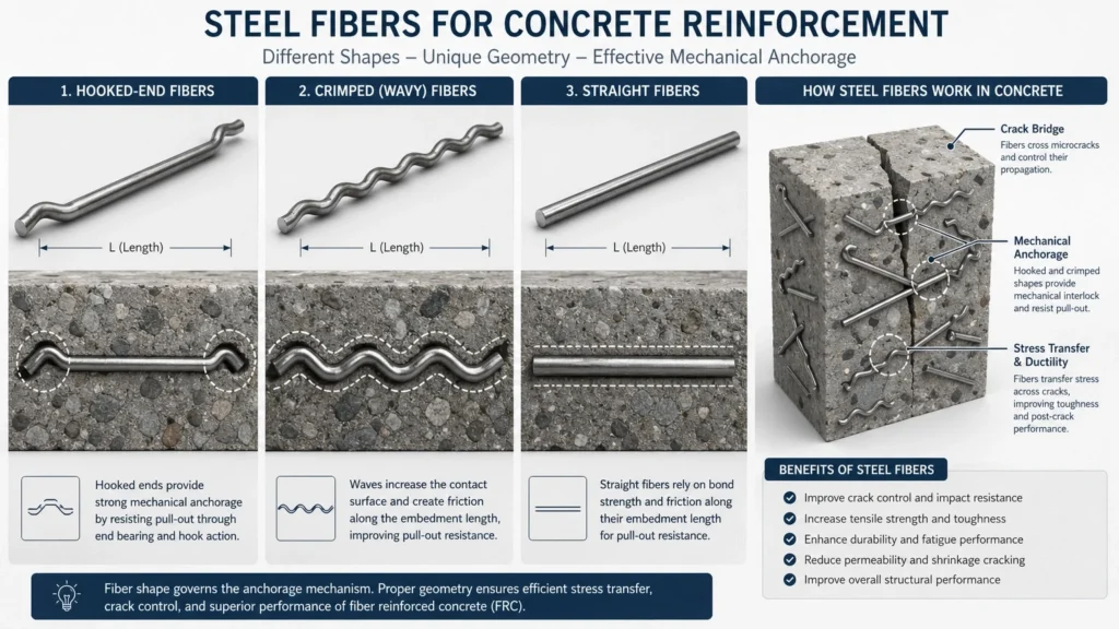 3D illustration of hooked-end, crimped, and straight steel fibers showing their unique geometries and mechanical anchorage mechanisms