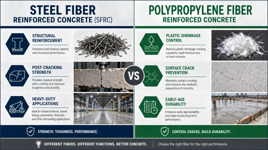 Comparative split-screen infographic showing steel fiber for structural reinforcement versus polypropylene fiber for plastic shrinkage control
