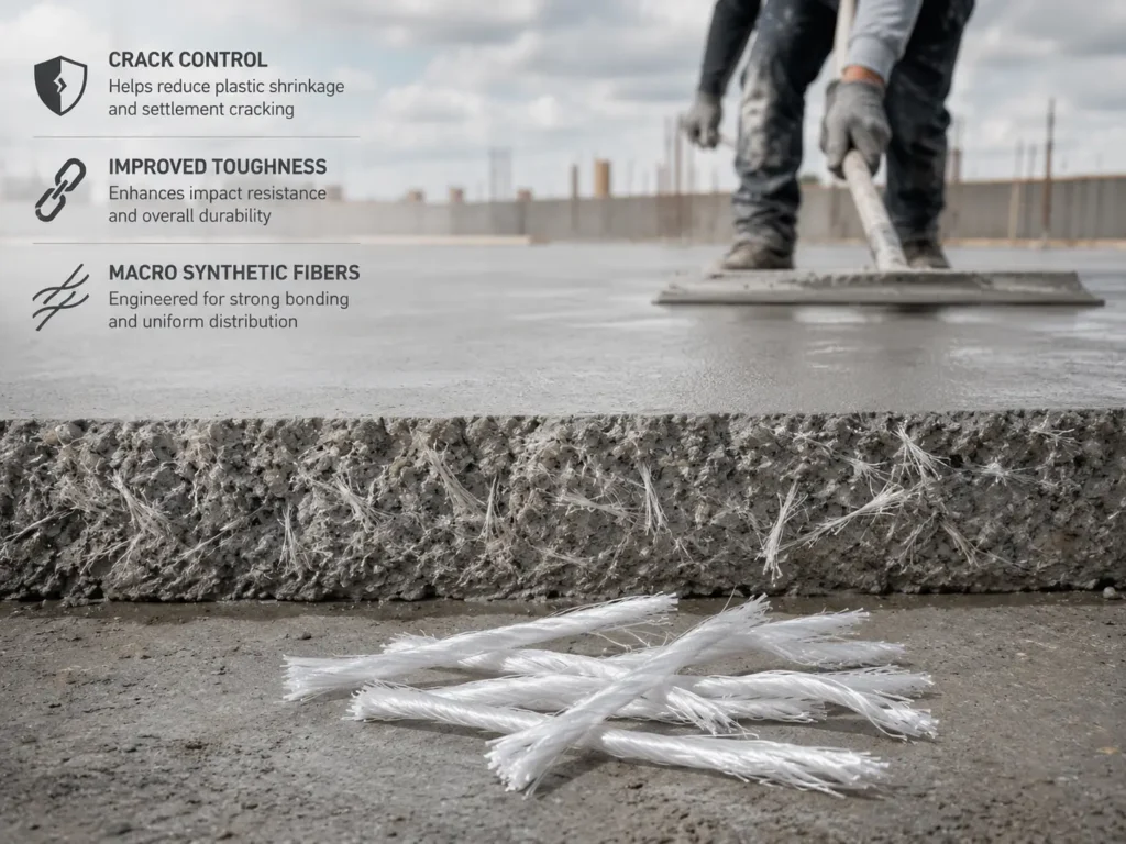 Macro synthetic fibers are used in a concrete slab to reduce cracking and improve toughness.