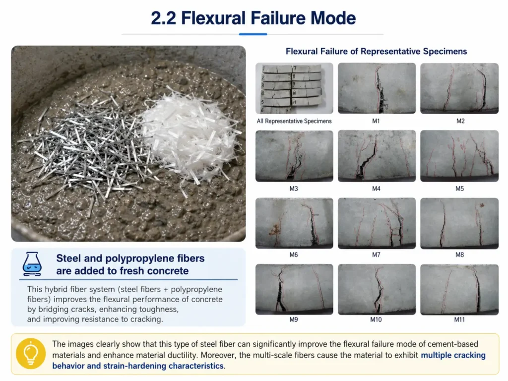 A flexural test chart shows post-crack performance of fiber reinforced concrete.