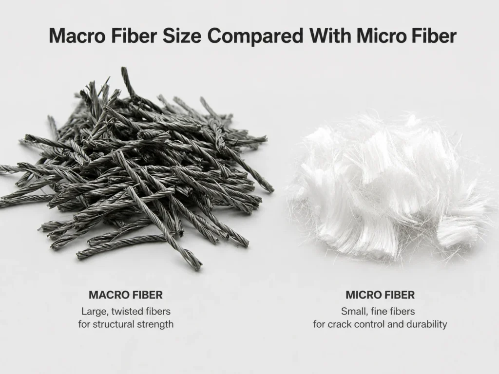 A thick macro fiber beside a much finer micro fiber for concrete reinforcement.