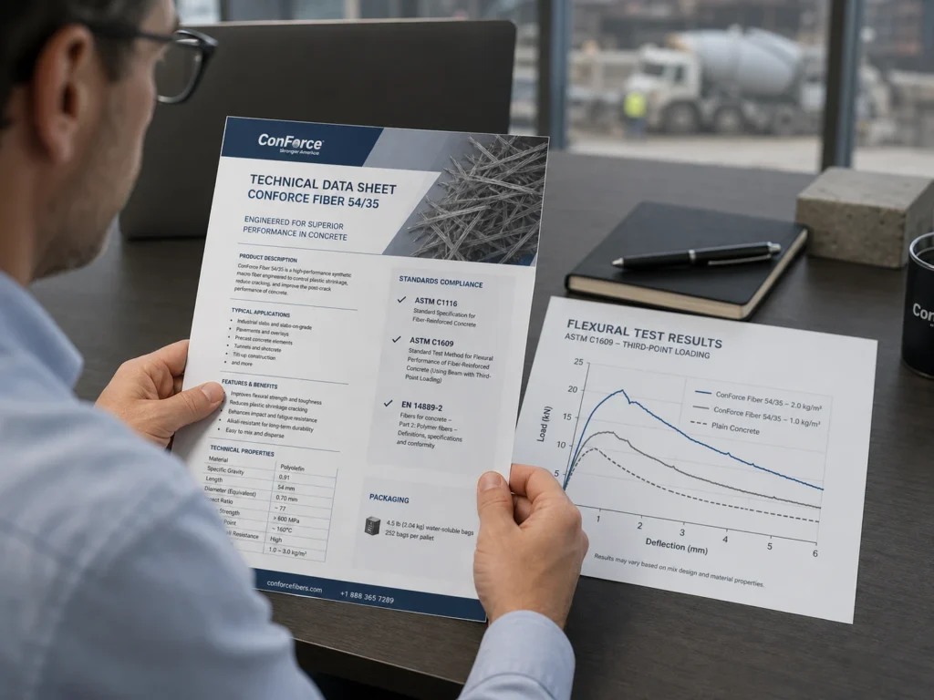 A buyer reviews a technical data sheet with ASTM C1116, ASTM C1609, and EN 14889-2 references beside a flexural test chart.