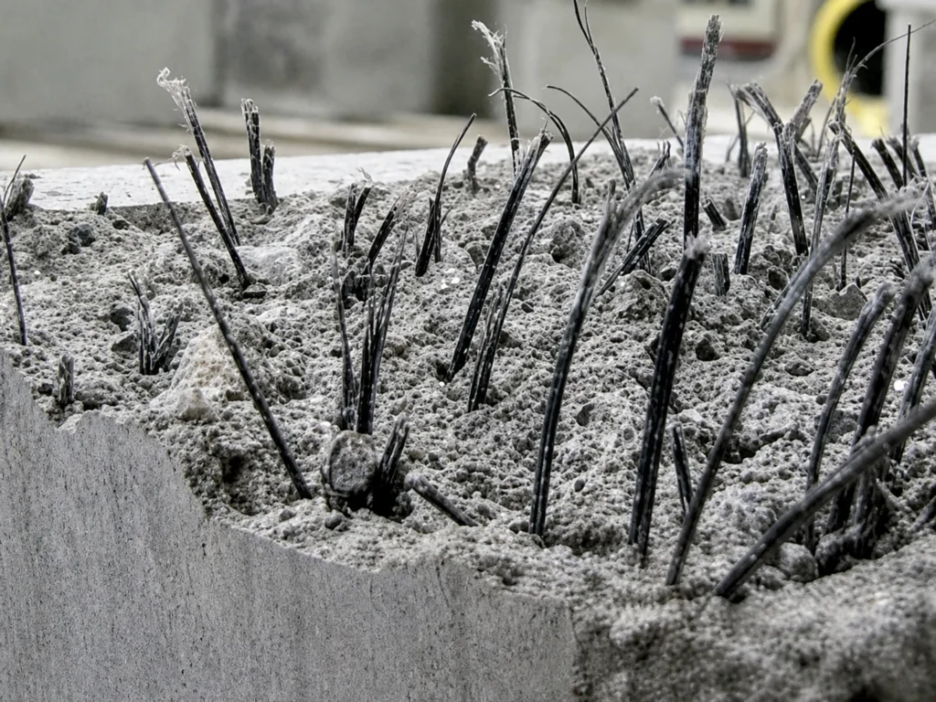 A diagram shows macro fibers crossing a crack and holding the cracked concrete faces together.