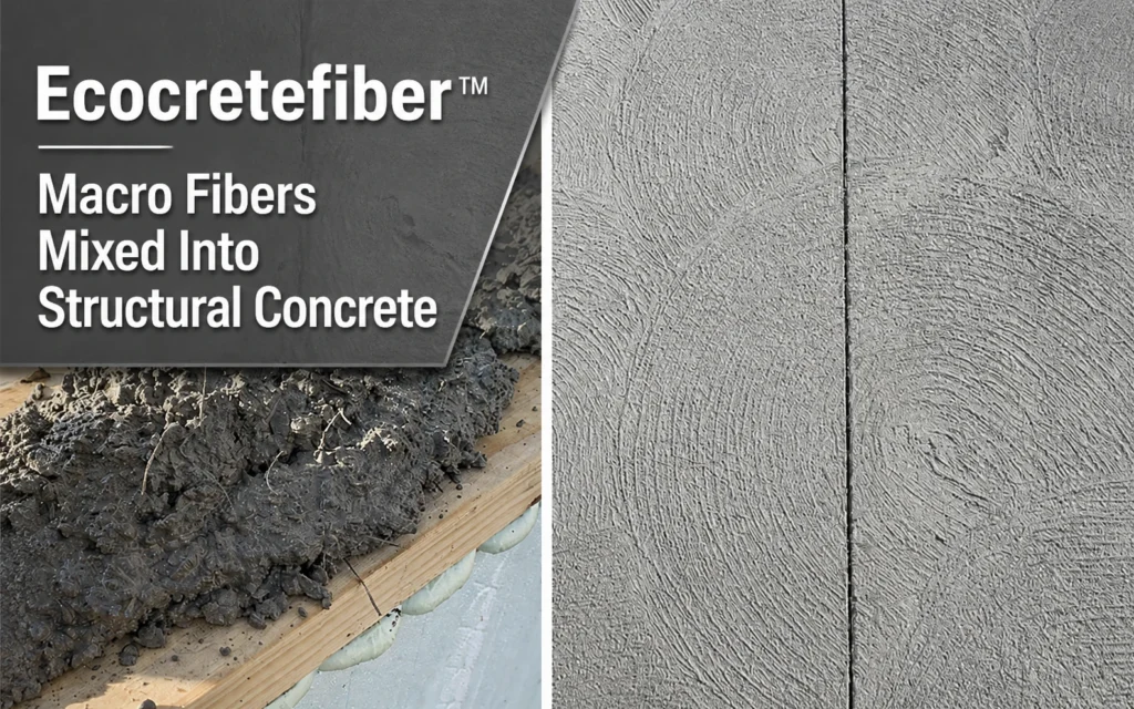 Long concrete reinforcement fibers beside fresh concrete and a finished slab sample.