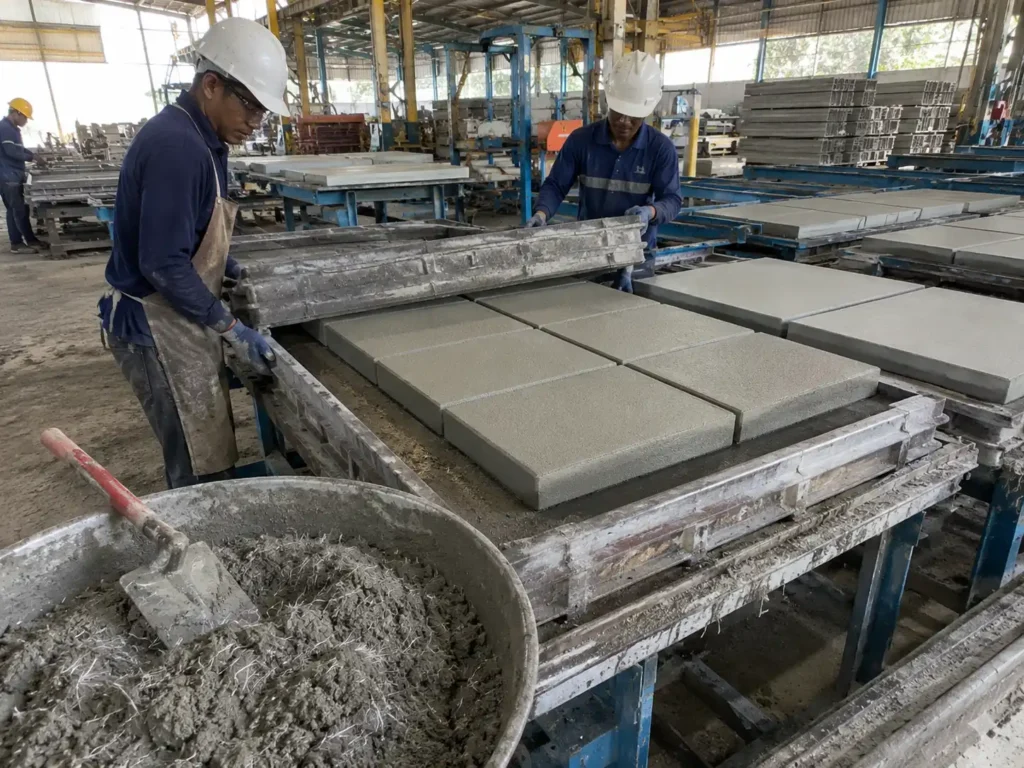 Elemen beton pracetak dibentuk di pabrik setelah dibuat dengan campuran semen yang diperkuat serat mikro.