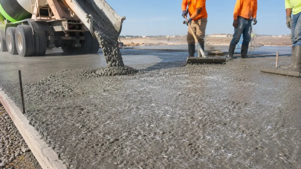 Seorang kru menempatkan beton bertulang mikrofiber di atas lempengan yang terpapar sinar matahari dan angin.