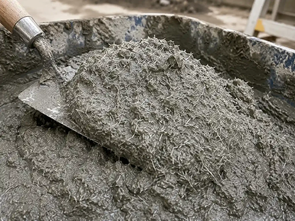 Pandangan dari dekat menunjukkan campuran mortar semen yang kohesif dengan serat halus yang tersebar merata di seluruh pasta.
