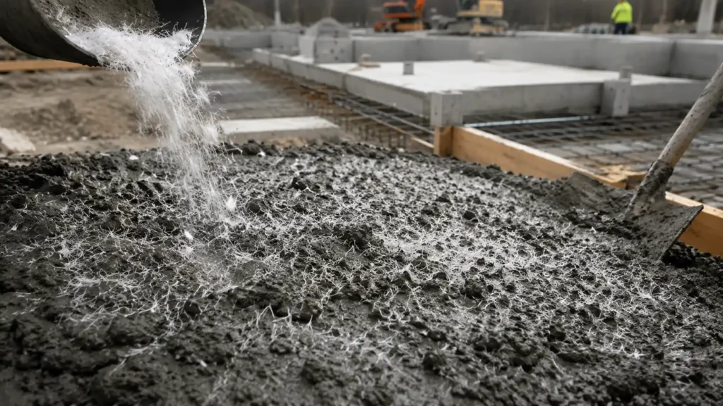 Serat mikro polipropilena halus dicampur ke dalam beton semen segar di lokasi konstruksi.