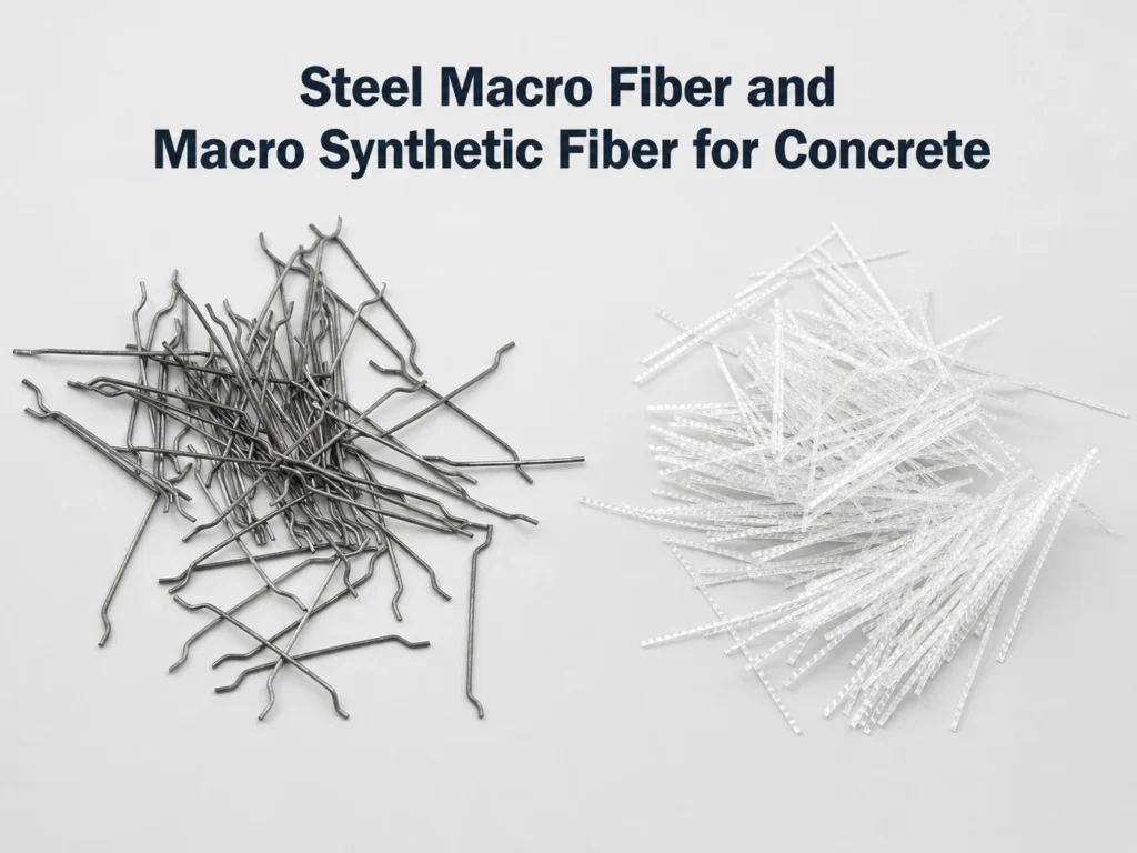 A side-by-side view shows hooked steel fibers and long synthetic macro fibers used in concrete.