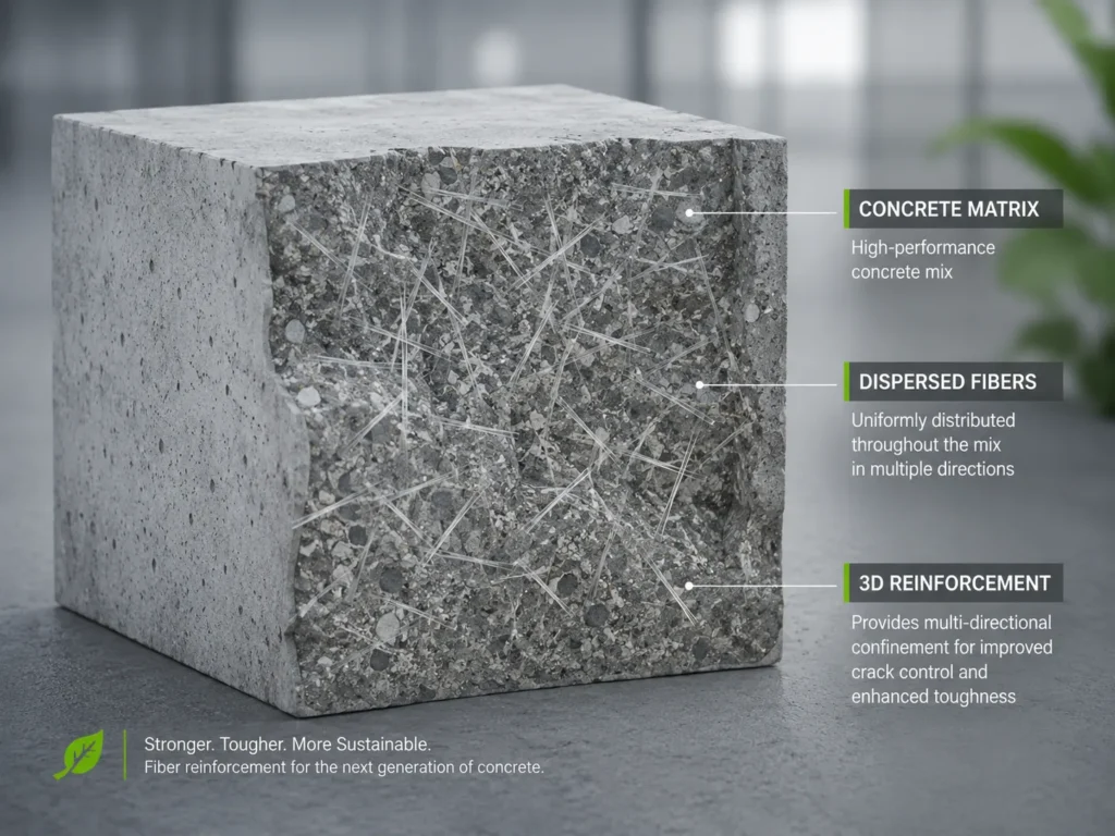 Three-dimensional concrete fiber reinforcement inside the concrete matrix