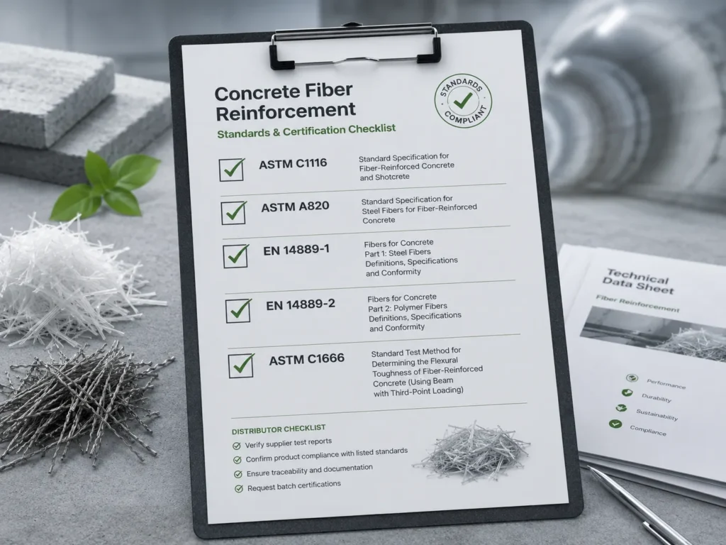 Concrete fiber reinforcement standards including ASTM C1116, ASTM A820, EN 14889, and ASTM C1666