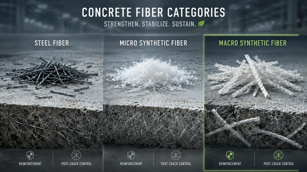 Comparison of steel fiber, micro synthetic fiber, and macro synthetic fiber in concrete reinforcement