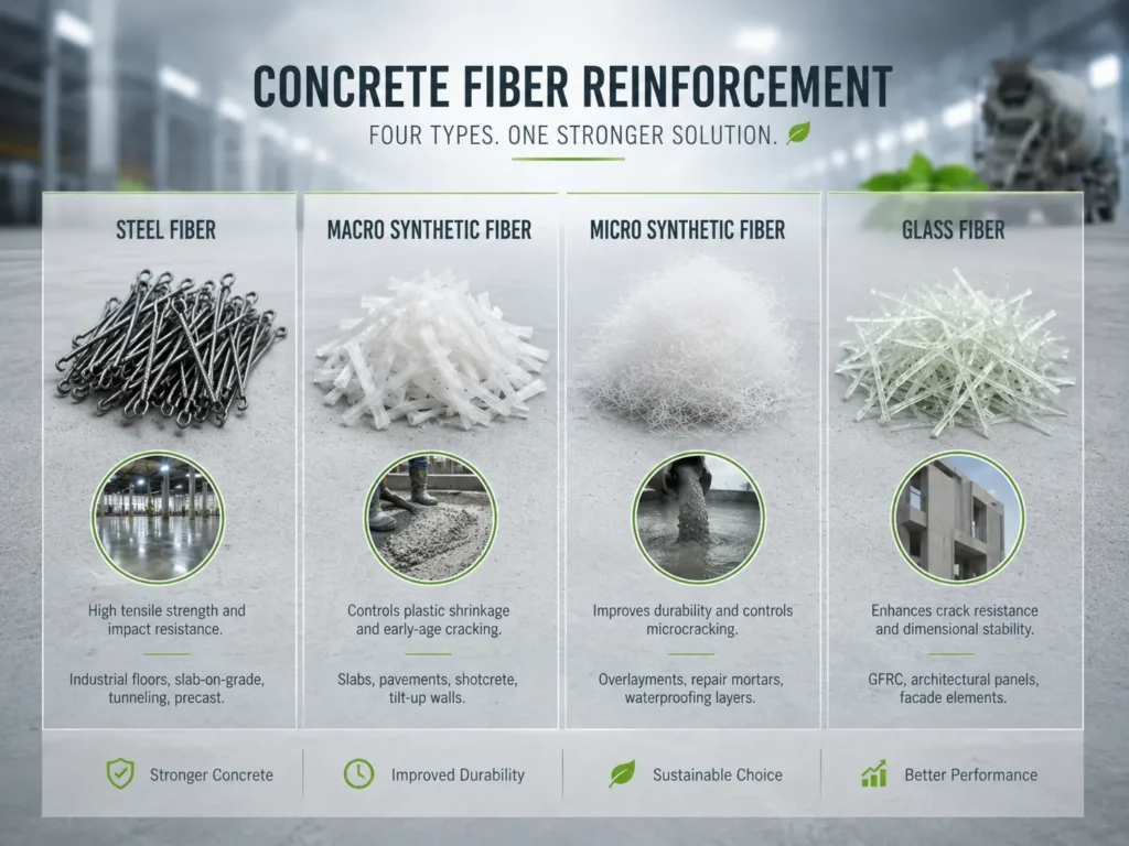 Steel fiber, macro synthetic fiber, micro synthetic fiber, and glass fiber comparison