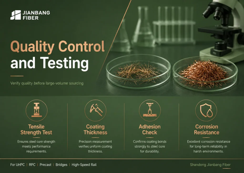 Quality testing for copper coated steel fiber including tensile strength, coating adhesion, and corrosion resistance