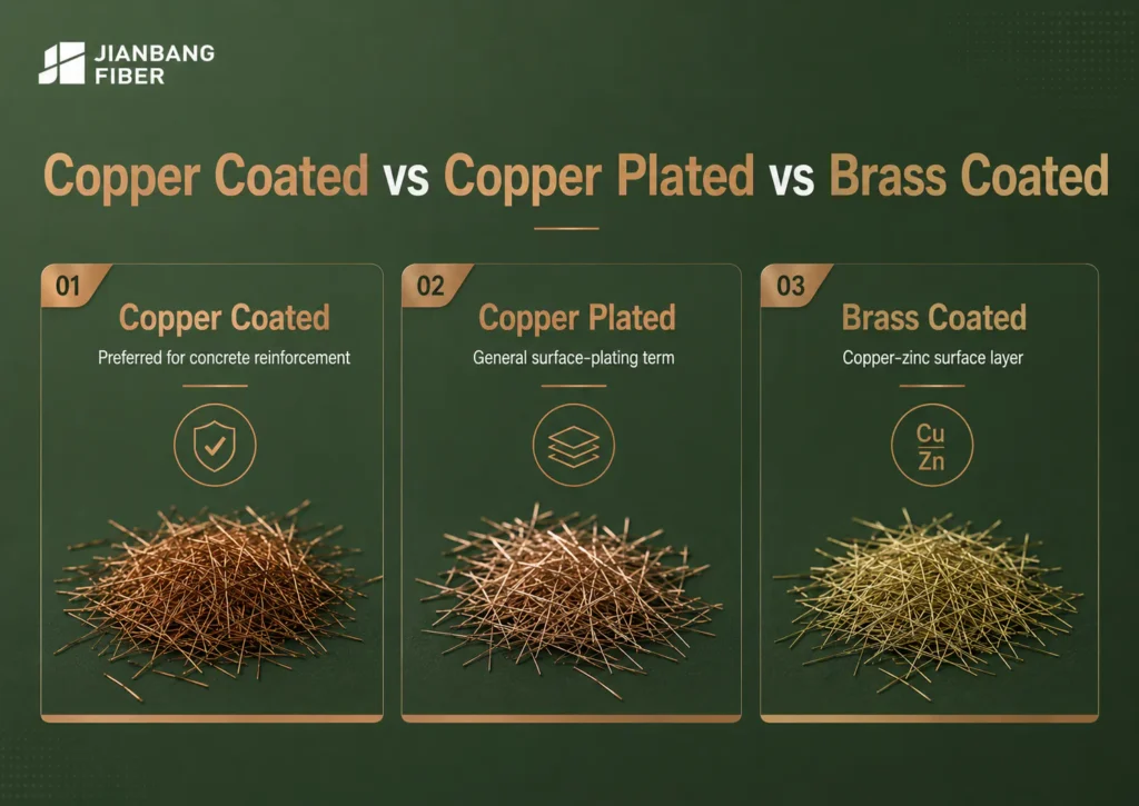 Comparison of copper coated, copper plated, and brass coated steel fiber terminology