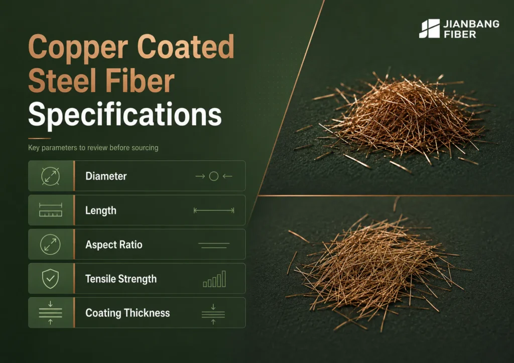 Specification chart for copper coated steel fiber including diameter, length, aspect ratio, tensile strength, and coating thickness