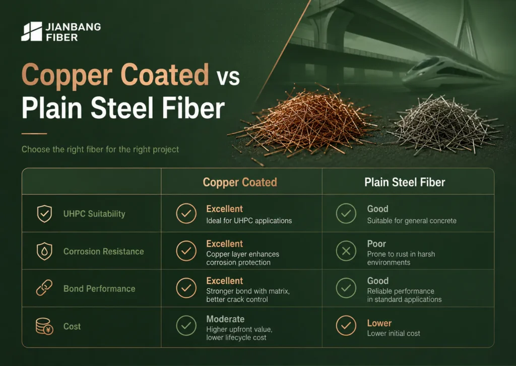 Copper coated steel fiber compared with plain steel fiber for UHPC and aggressive environments