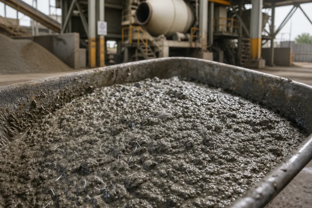 Fine polypropylene micro fibers used in concrete to reduce plastic shrinkage and settlement cracking