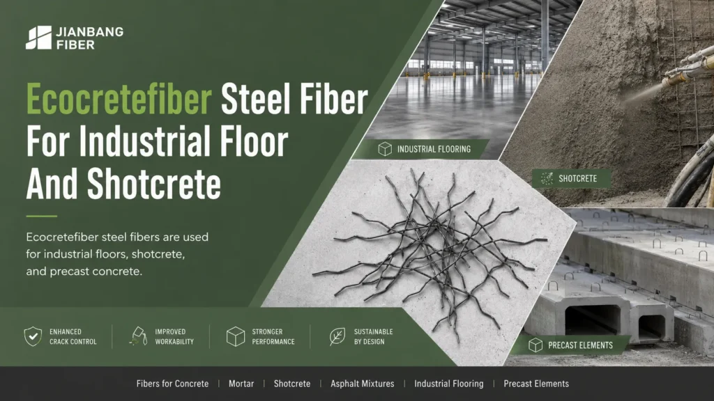 Ecocretefiber steel fibers are used for industrial floors, shotcrete, and precast concrete.