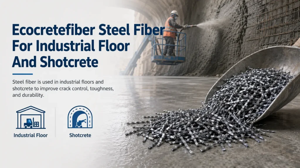 Ecocretefiber steel fibers are used for industrial floors, shotcrete, and precast concrete.