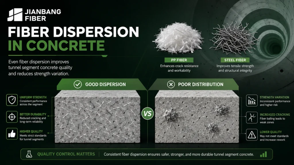 Even fiber dispersion improves tunnel segment concrete quality and reduces strength variation.