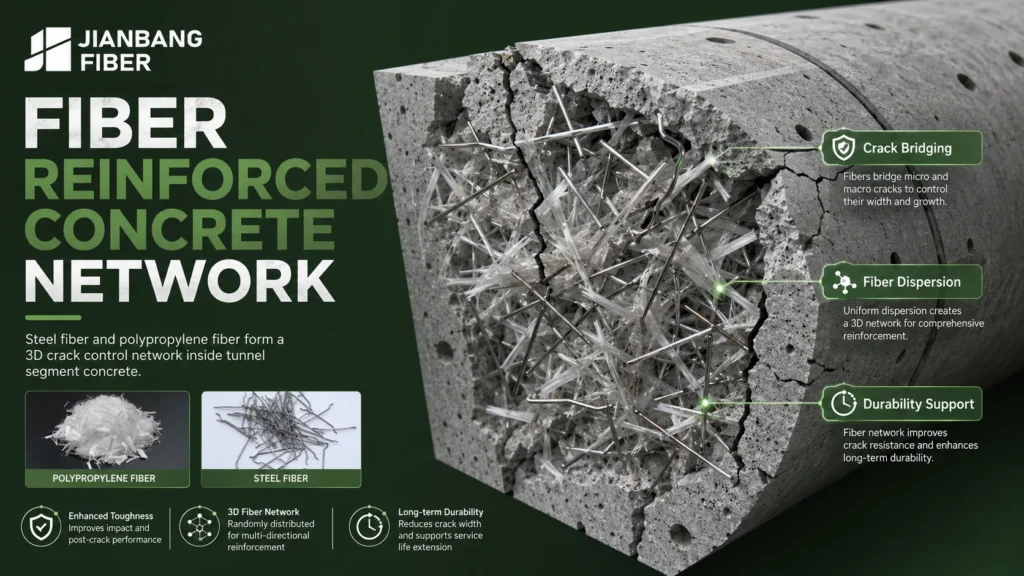 Steel fiber and polypropylene fiber form a three-dimensional crack control network inside concrete.