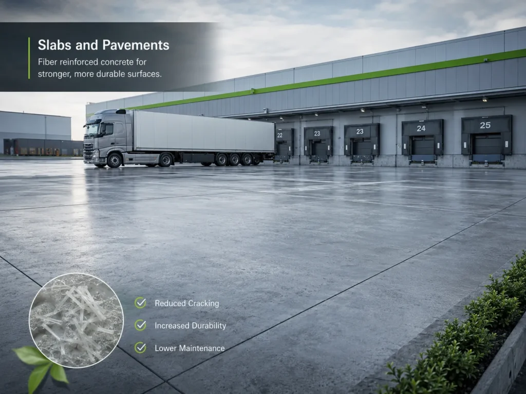 Fiber reinforced concrete used in warehouse slabs, pavements, and parking areas