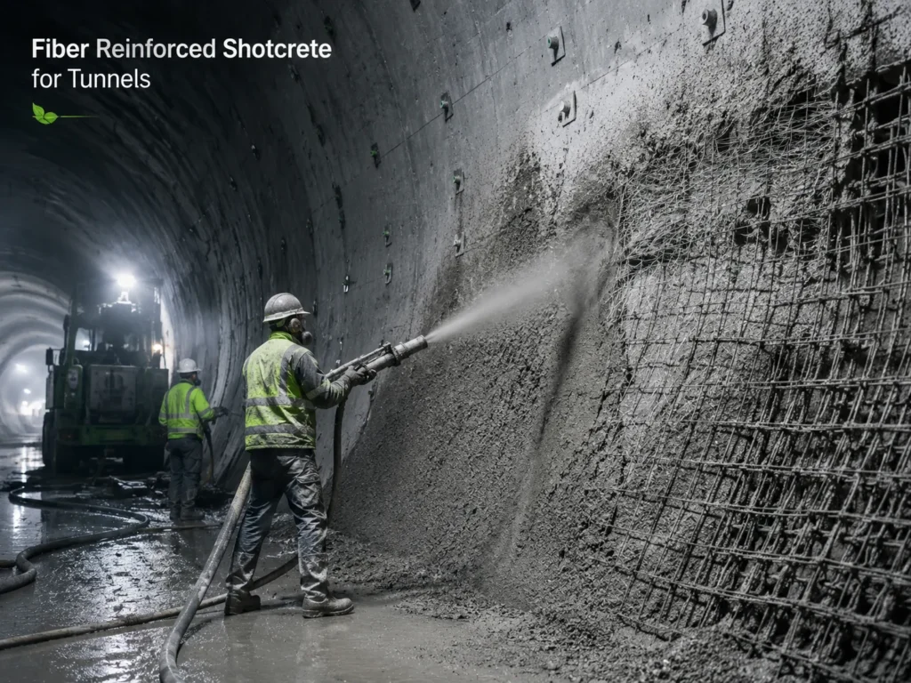 Fiber reinforced shotcrete used in tunnel linings and mining support