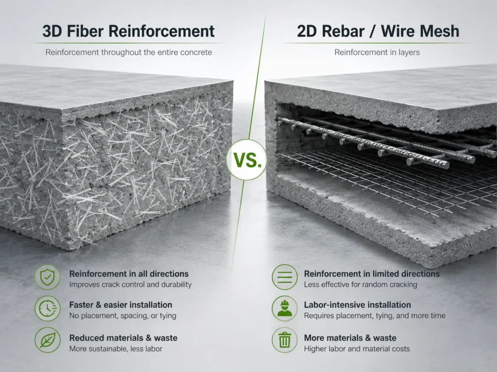 Concrete fiber reinforcement compared with rebar and wire mesh