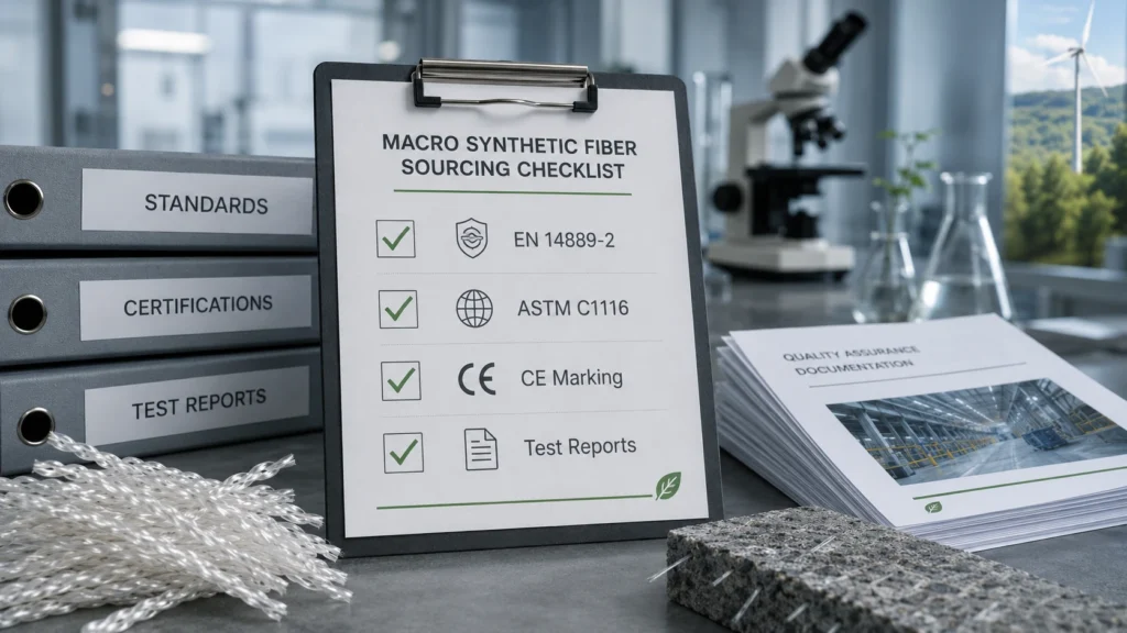 Certification checklist for macro synthetic fiber including EN 14889-2, ASTM C1116, CE marking, and test reports