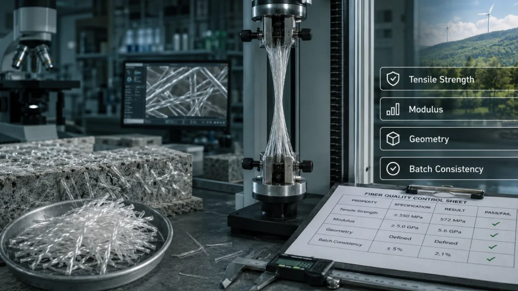 Quality evaluation checklist for macro synthetic fiber including tensile strength, modulus, geometry, and batch consistency