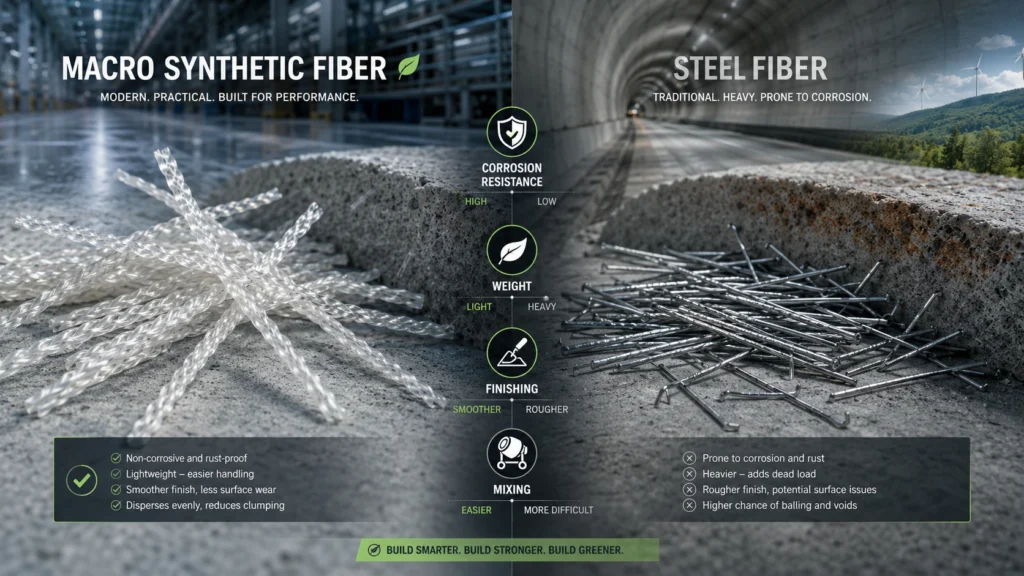 Macro synthetic fiber and steel fiber comparison for concrete reinforcement projects