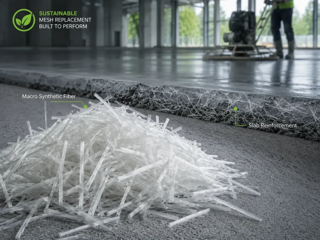 Macro synthetic fiber reinforcement for slab-on-ground and mesh replacement applications