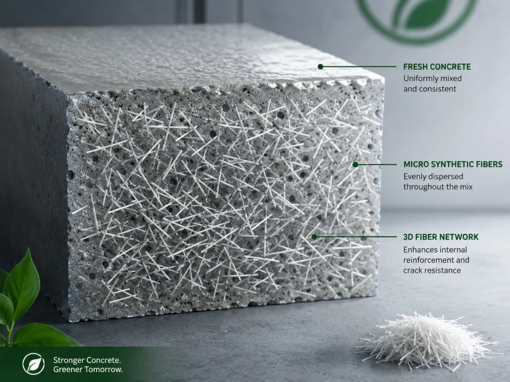 Three-dimensional micro fiber network inside fresh concrete