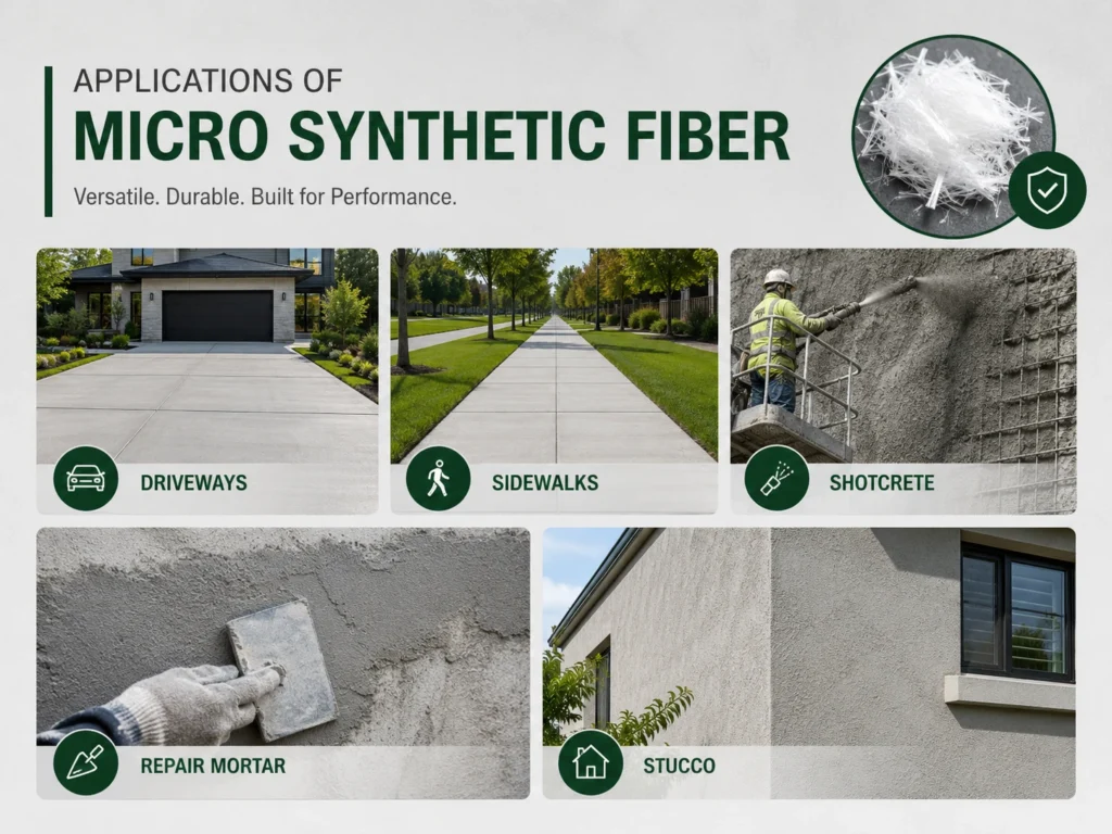 Main applications of micro synthetic fiber in concrete, shotcrete, repair mortar, and stucco